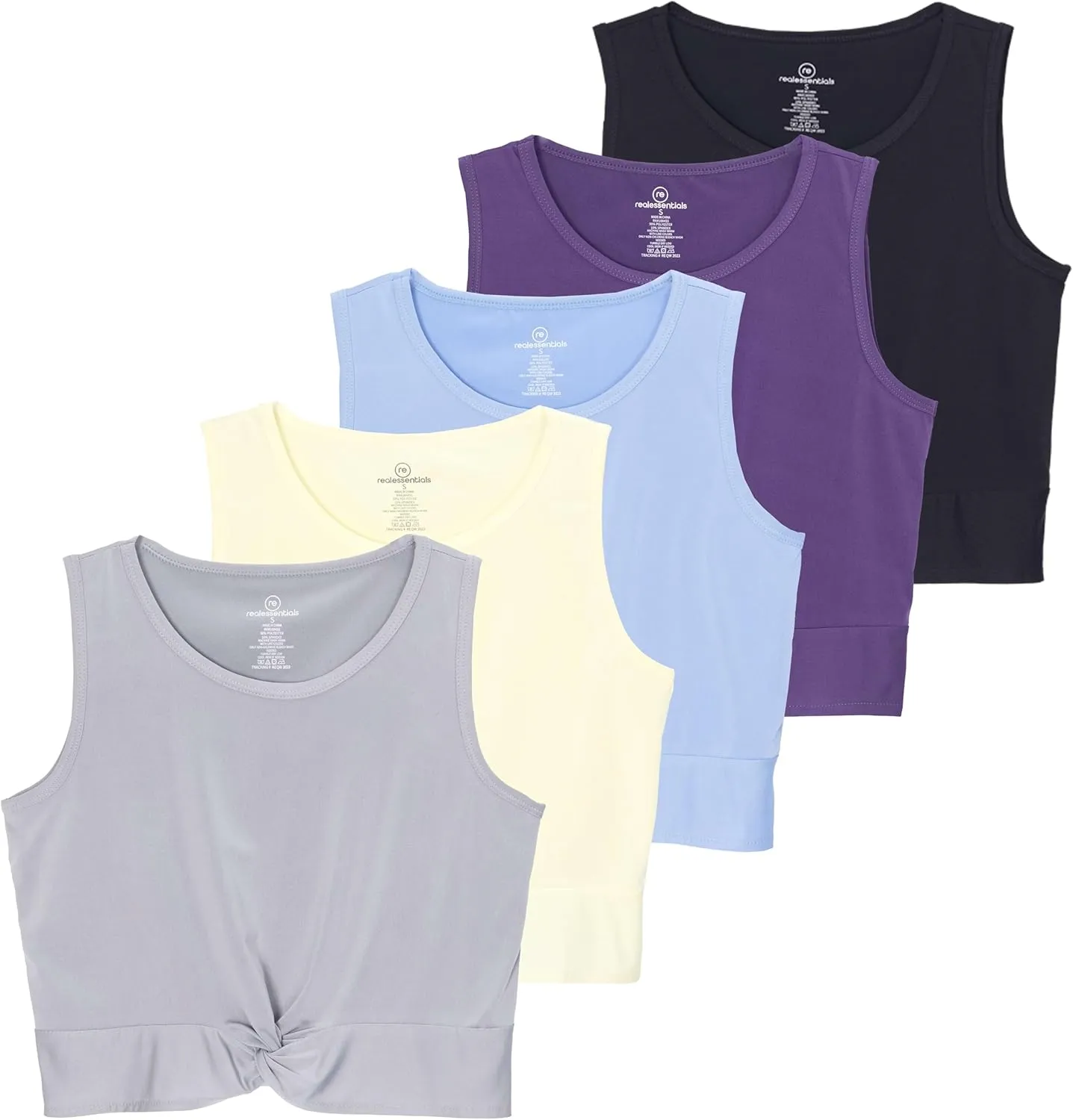 Real Essentials 5 Pack: Women's Dry-Fit Twist Front Knot Sleeveless Crop Tank Top - Dance Workout Athletic Yoga Cropped Top