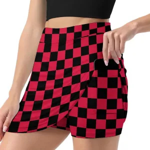 Red Black Checkered Women's Mini Tennis Skirt with Shorts Underneath Athletic Workout Cute Skorts