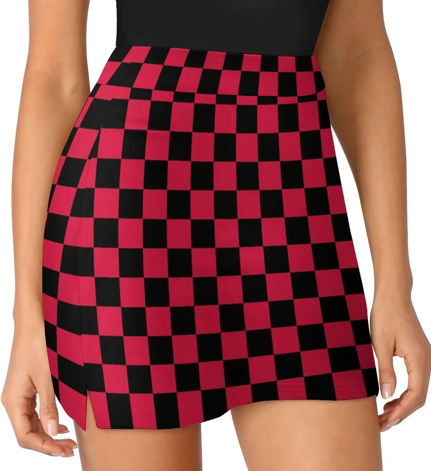 Red Black Checkered Women's Mini Tennis Skirt with Shorts Underneath Athletic Workout Cute Skorts