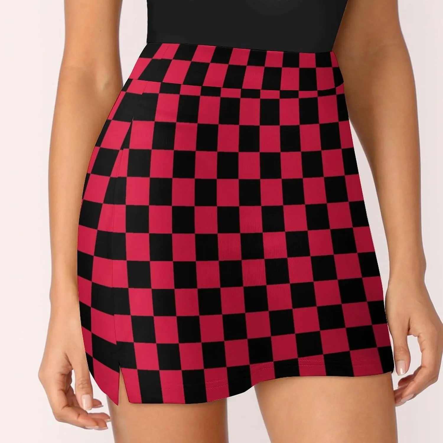 Red Black Checkered Women's Mini Tennis Skirt with Shorts Underneath Athletic Workout Cute Skorts