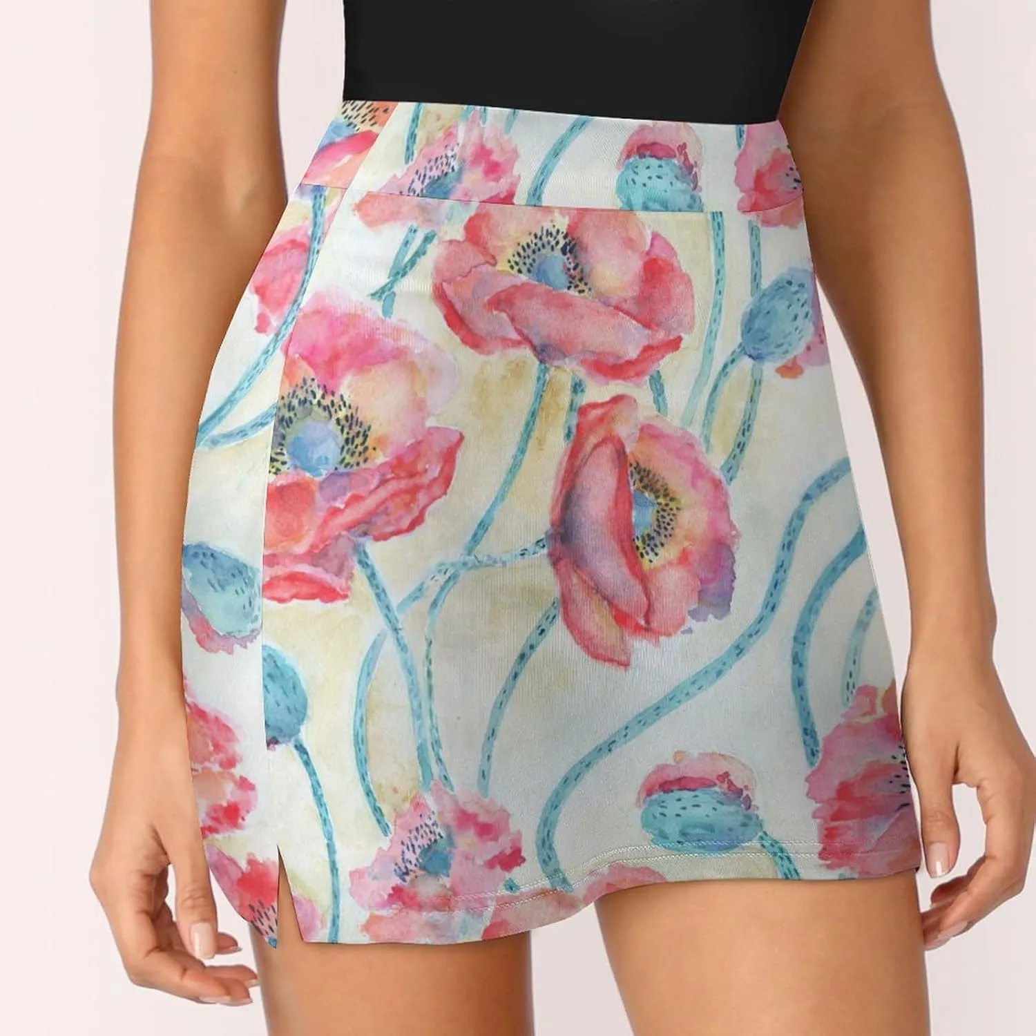 Red Poppies Flowers Women's Mini Tennis Skirt with Shorts Underneath Athletic Workout Cute Skorts
