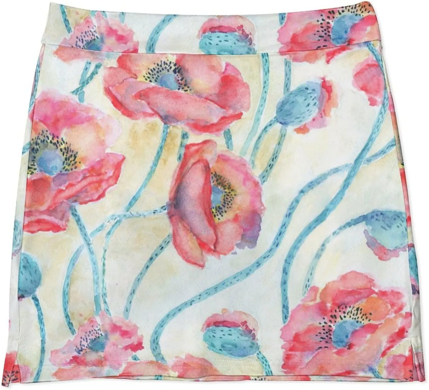 Red Poppies Flowers Women's Mini Tennis Skirt with Shorts Underneath Athletic Workout Cute Skorts