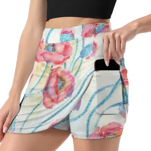 Red Poppies Flowers Women's Mini Tennis Skirt with Shorts Underneath Athletic Workout Cute Skorts