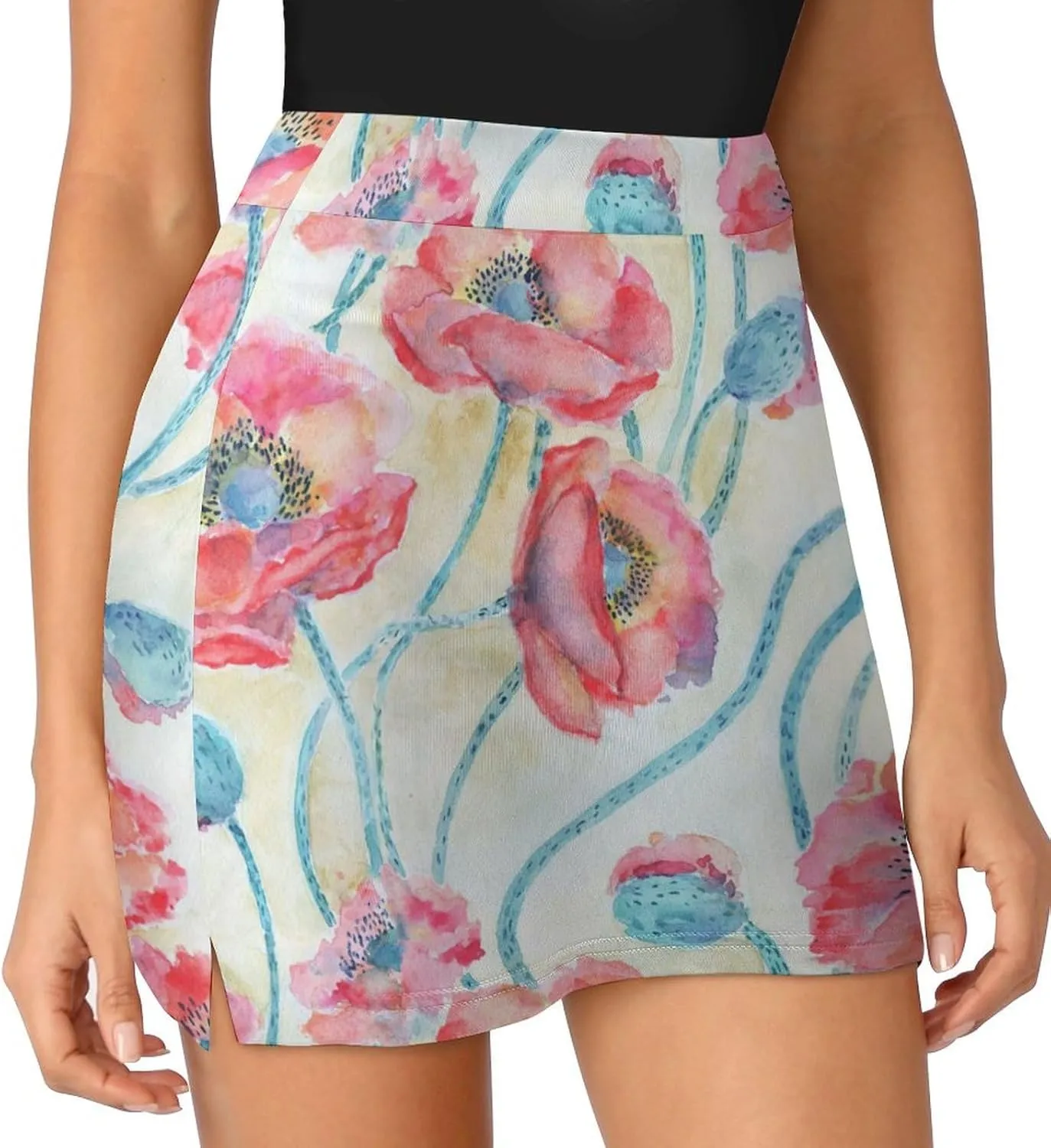 Red Poppies Flowers Women's Mini Tennis Skirt with Shorts Underneath Athletic Workout Cute Skorts