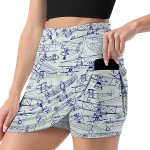 Retro Old Airplanes Drawing Women's Mini Tennis Skirt with Shorts Underneath Athletic Workout Cute Skorts
