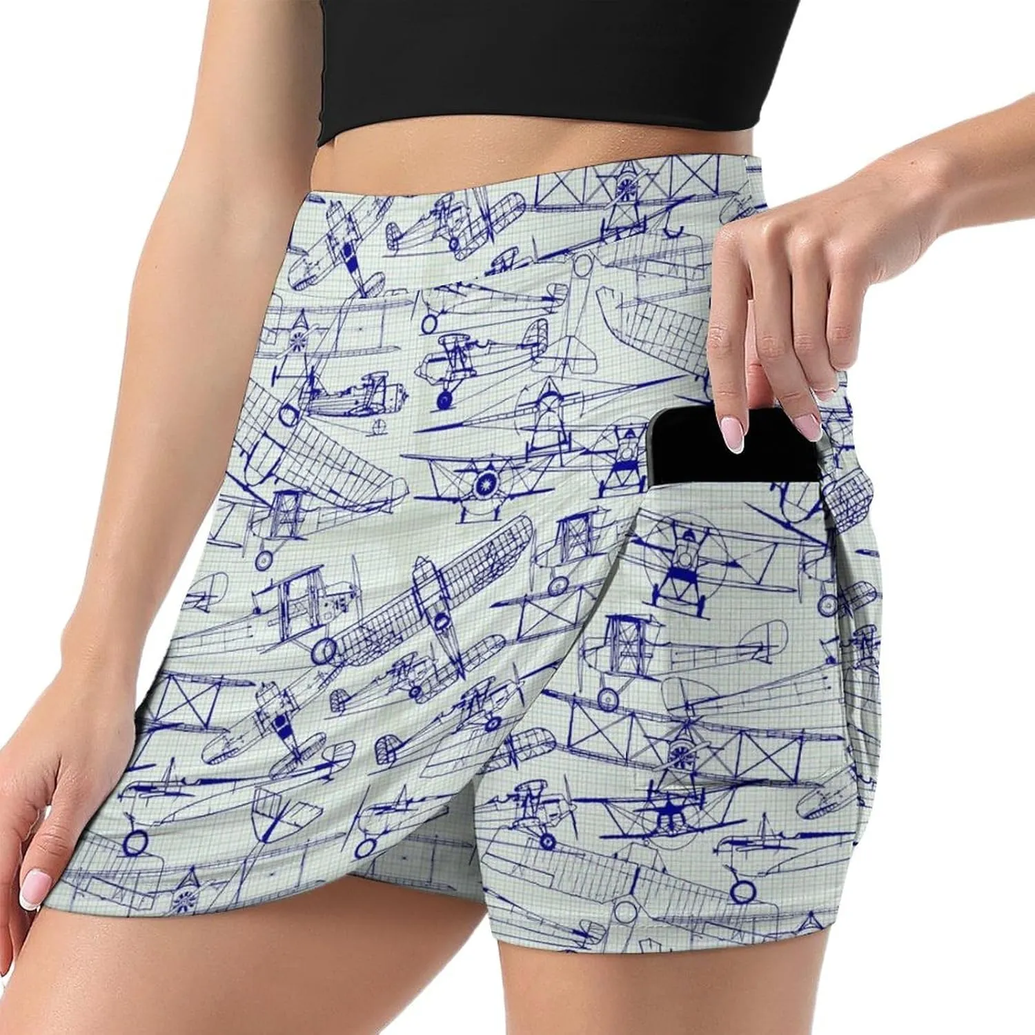 Retro Old Airplanes Drawing Women's Mini Tennis Skirt with Shorts Underneath Athletic Workout Cute Skorts