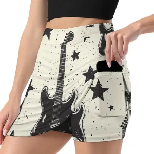 Rock Music Pattern with Guitar Women's Mini Tennis Skirt with Shorts Underneath Athletic Workout Cute Skorts