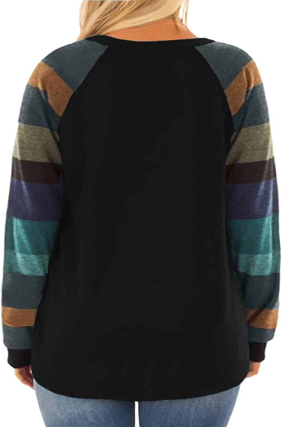 ROSRISS Womens Plus Size Long Sleeve Tunic Crewneck Colorblock Striped Tee Shirt