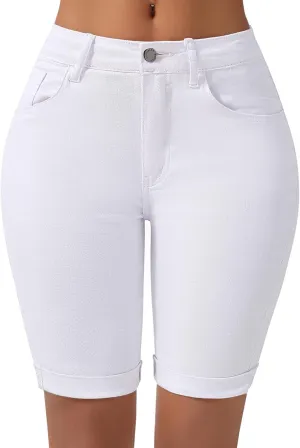 roswear Women's Mid Rise Bermuda Shorts Stretchy Long Rolled Hem Denim Jean Shorts
