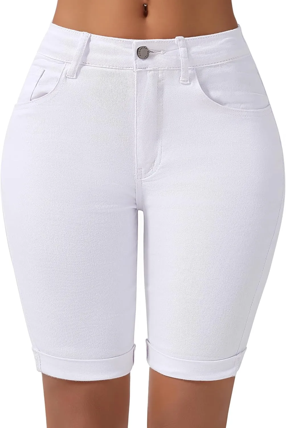 roswear Women's Mid Rise Bermuda Shorts Stretchy Long Rolled Hem Denim Jean Shorts