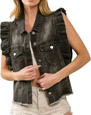 Ruffle Sleeve Denim Vest for Women Sleeveless Jean Vest Jacket Coat with Fray Hem