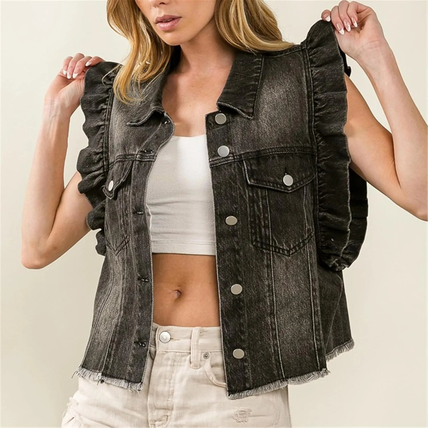 Ruffle Sleeve Denim Vest for Women Sleeveless Jean Vest Jacket Coat with Fray Hem