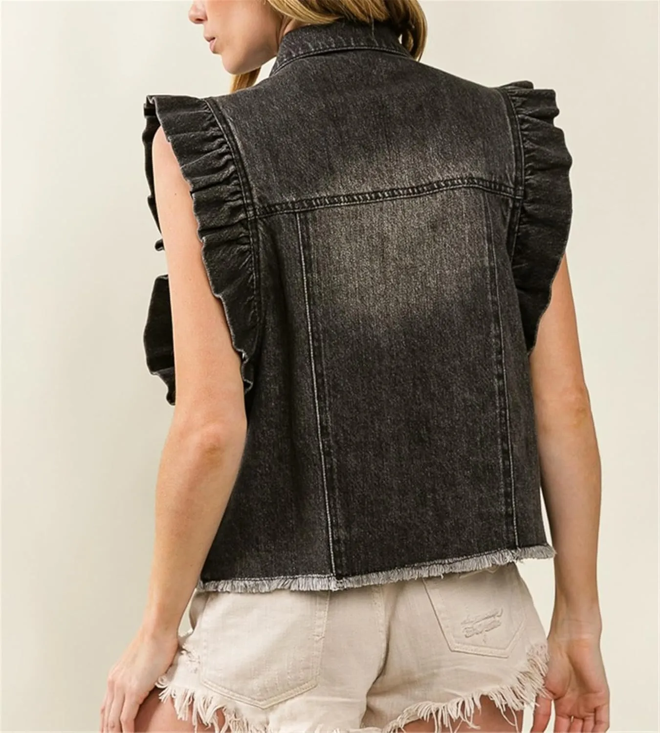 Ruffle Sleeve Denim Vest for Women Sleeveless Jean Vest Jacket Coat with Fray Hem