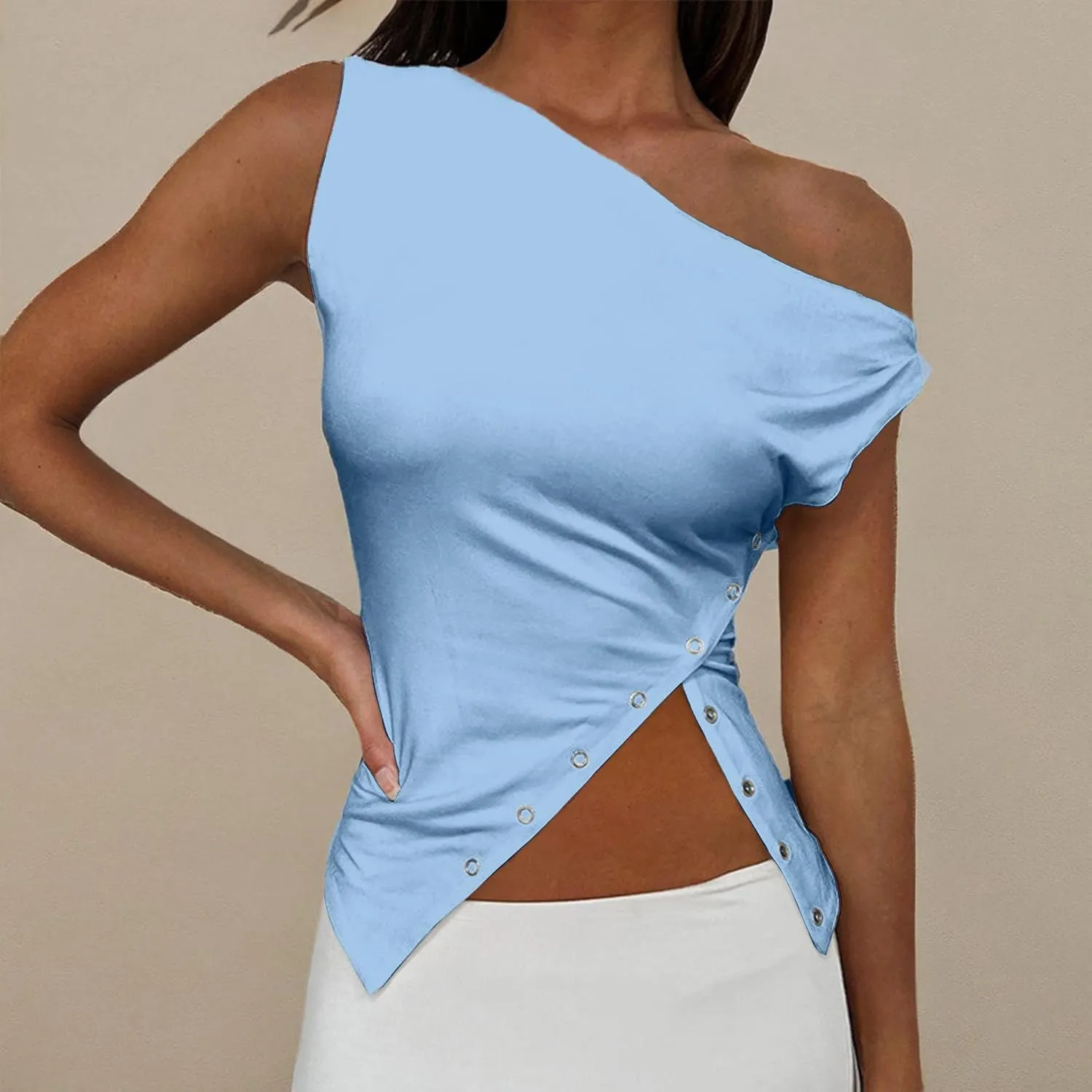 SAFRISIOR Women One Shoulder Button Sexy Crop Top Solid Sleeveless Off Shoulder Asymmetric Crop Tank Top Vest Tee Shirt