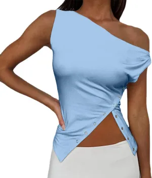 SAFRISIOR Women One Shoulder Button Sexy Crop Top Solid Sleeveless Off Shoulder Asymmetric Crop Tank Top Vest Tee Shirt