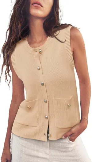 Saodimallsu Womens Summer Cropped Sweater Vest Sleeveless Button Ribbed Knit Crew Neck Cardigan Vests Top with Pockets
