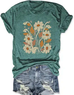 Savarana Women Vintage Flower Shirts Boho Wildflower T-Shirt Funny Nature Cottage Core Floral Short Sleeve Tops