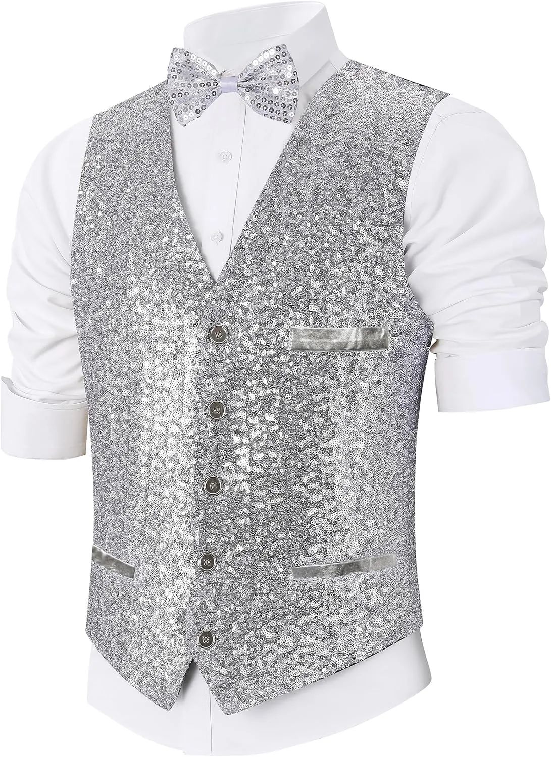 Sequin Vest Party Formal V-neck Shiny Waistcoat Bowtie Set for Wedding Events Mardi Gras St Patricks day Carnival