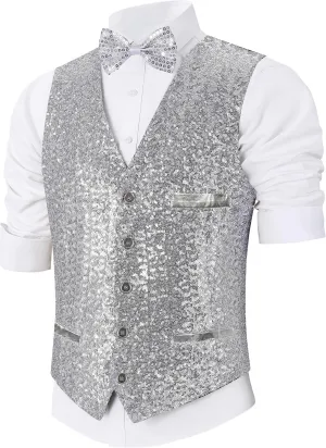 Sequin Vest Party Formal V-neck Shiny Waistcoat Bowtie Set for Wedding Events Mardi Gras St Patricks day Carnival