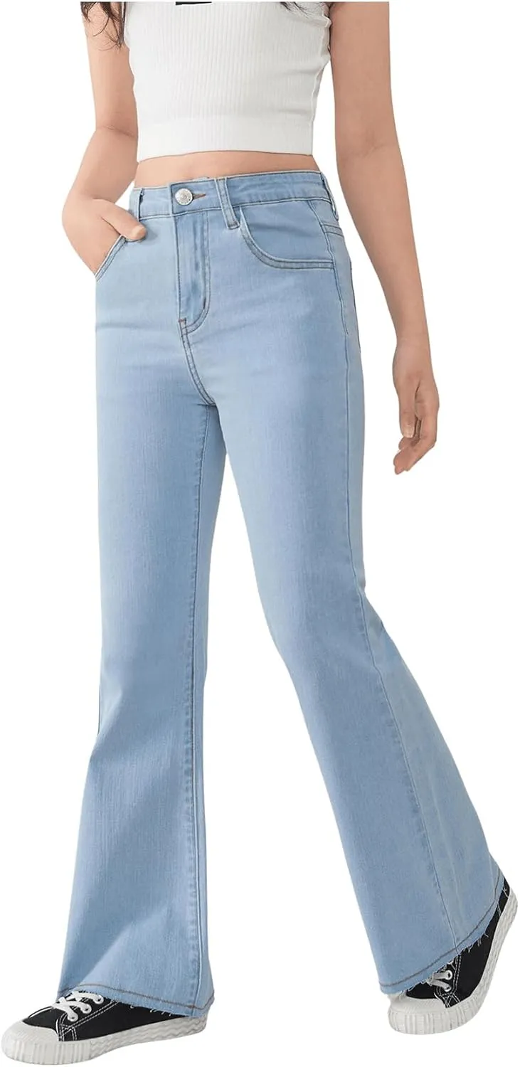 SHENHE Girl's High Waisted Flare Leg Frayed Raw Hem Bell Bottom Jeans Denim Pants