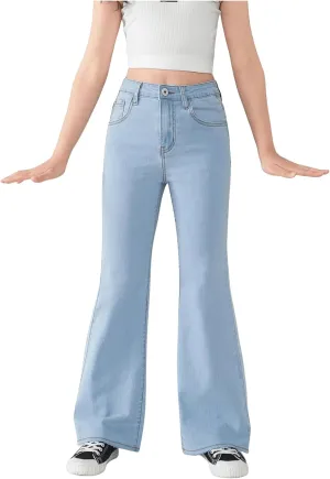 SHENHE Girl's High Waisted Flare Leg Frayed Raw Hem Bell Bottom Jeans Denim Pants