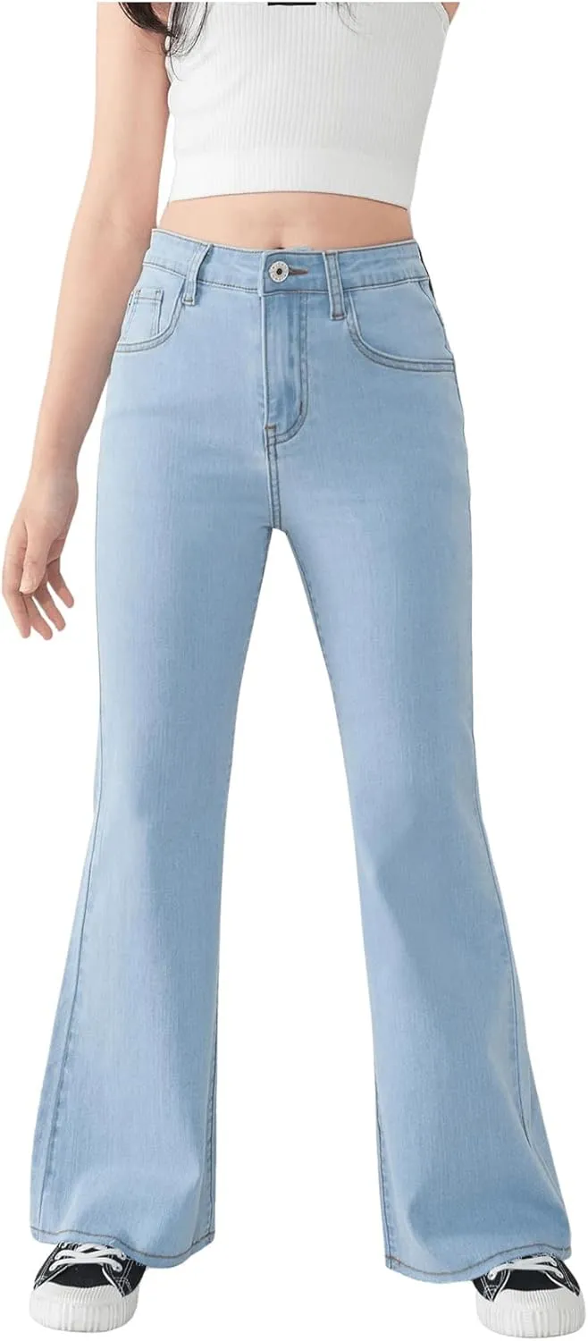 SHENHE Girl's High Waisted Flare Leg Frayed Raw Hem Bell Bottom Jeans Denim Pants