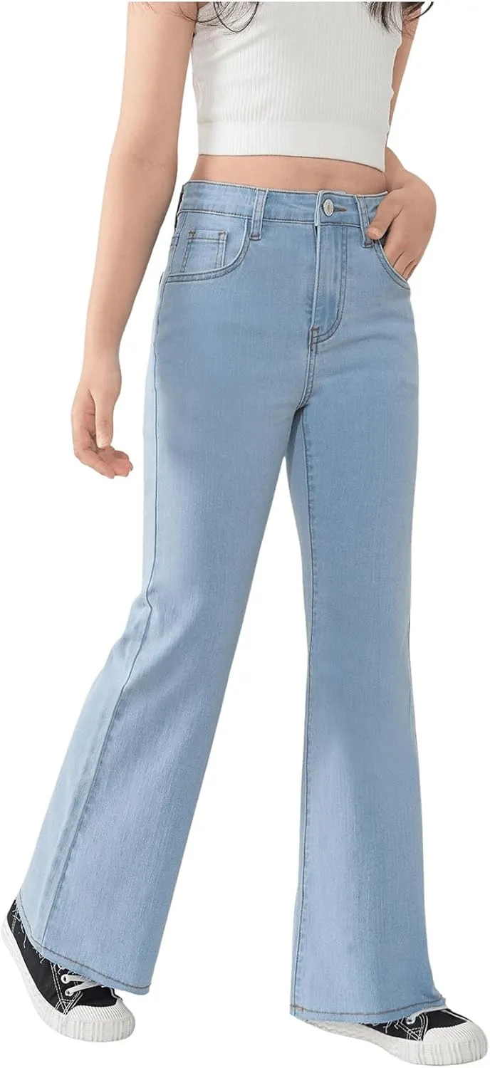 SHENHE Girl's High Waisted Flare Leg Frayed Raw Hem Bell Bottom Jeans Denim Pants