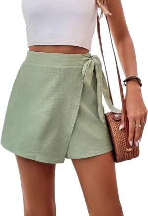 Shorts for Women Summer 2024 Solid Knot Side Wrap Skort Trendy Skirt Shorts