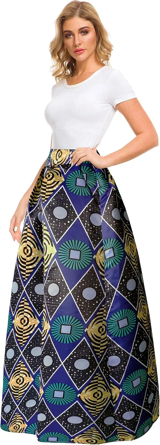 Sinono Women's African Printed Maxi Skirt Flared A Line Long Skirts