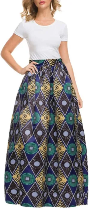 Sinono Women's African Printed Maxi Skirt Flared A Line Long Skirts