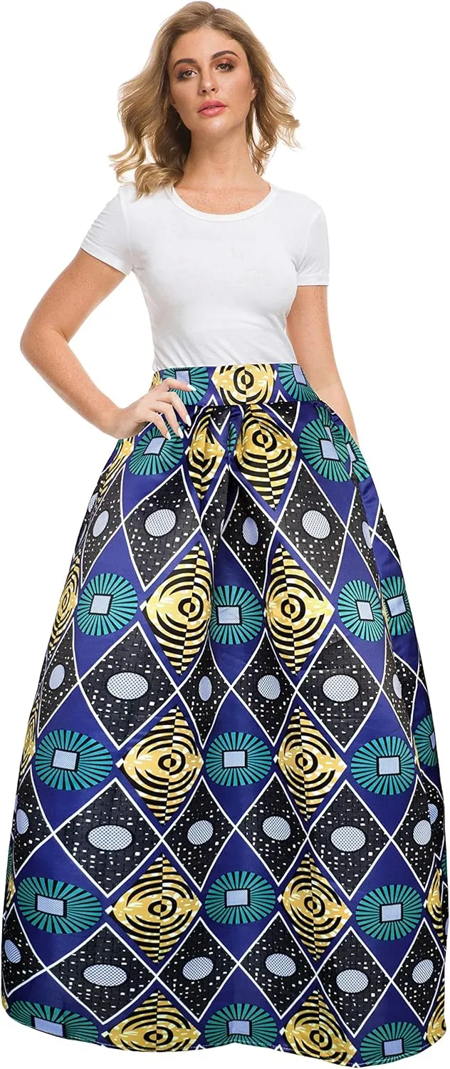 Sinono Women's African Printed Maxi Skirt Flared A Line Long Skirts