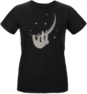 Sloth Hanging from The Moon Crescent Womens Organic T Shirt Black MD