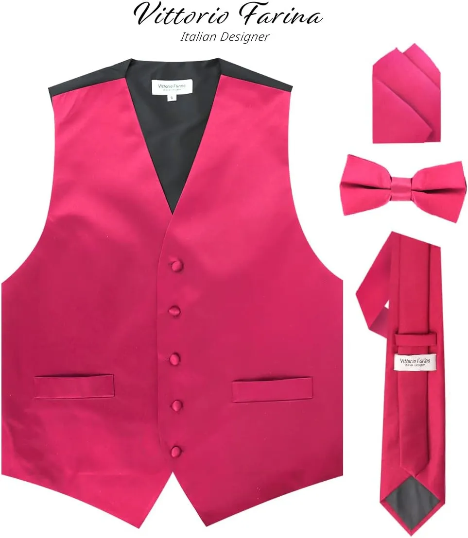 Solid Suit Vest for Men Set of 4 - Vest, Tie, Bow Tie & Pocket Square (Black Back)