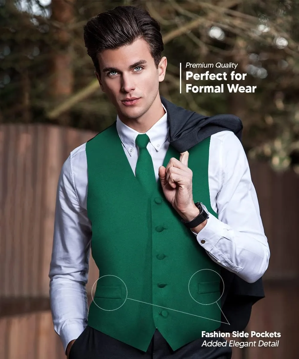 Solid Suit Vest for Men Set of 4 - Vest, Tie, Bow Tie & Pocket Square (Black Back)