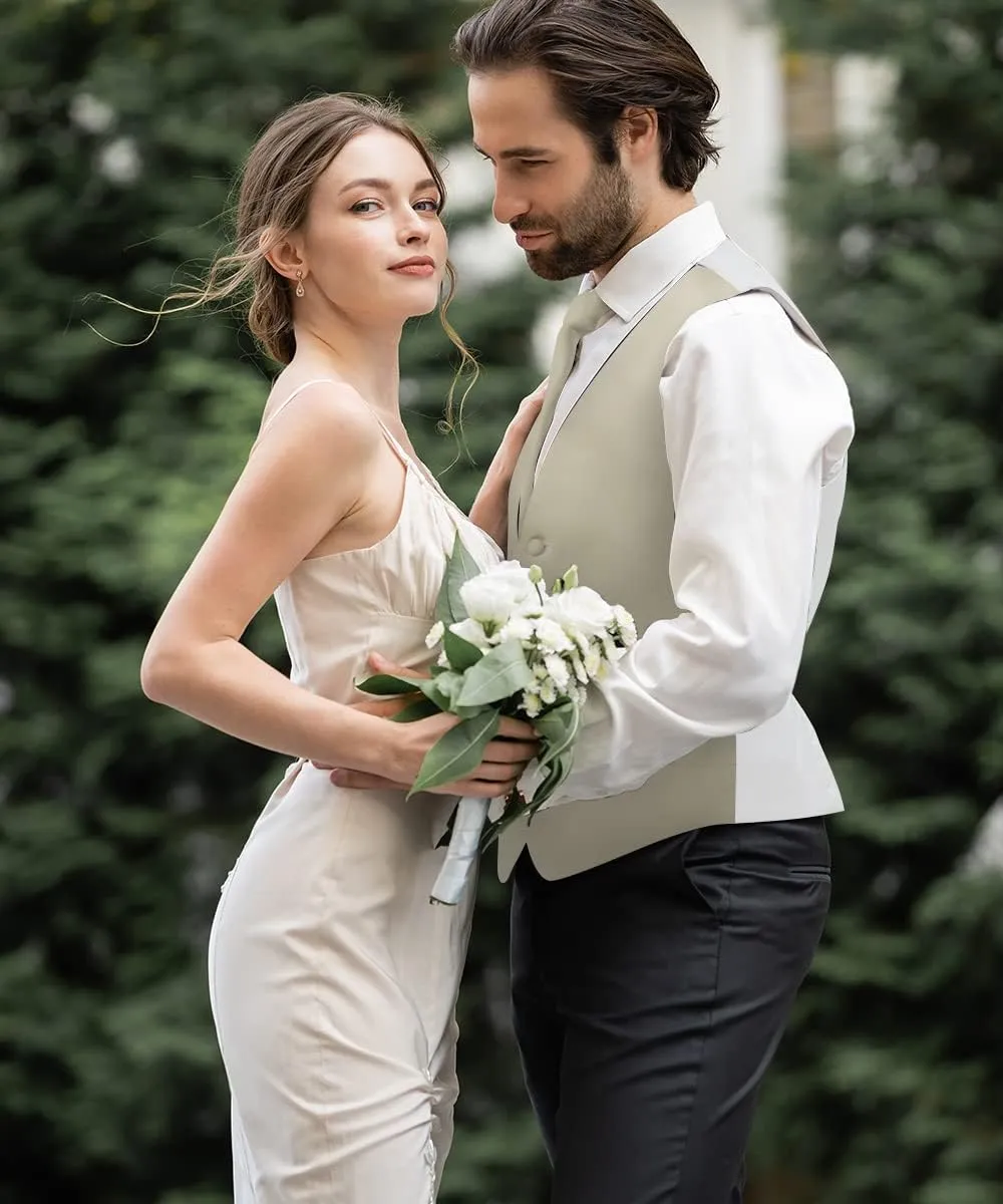 Solid Suit Vest for Men Set of 4 - Vest, Tie, Bow Tie & Pocket Square (White Back)
