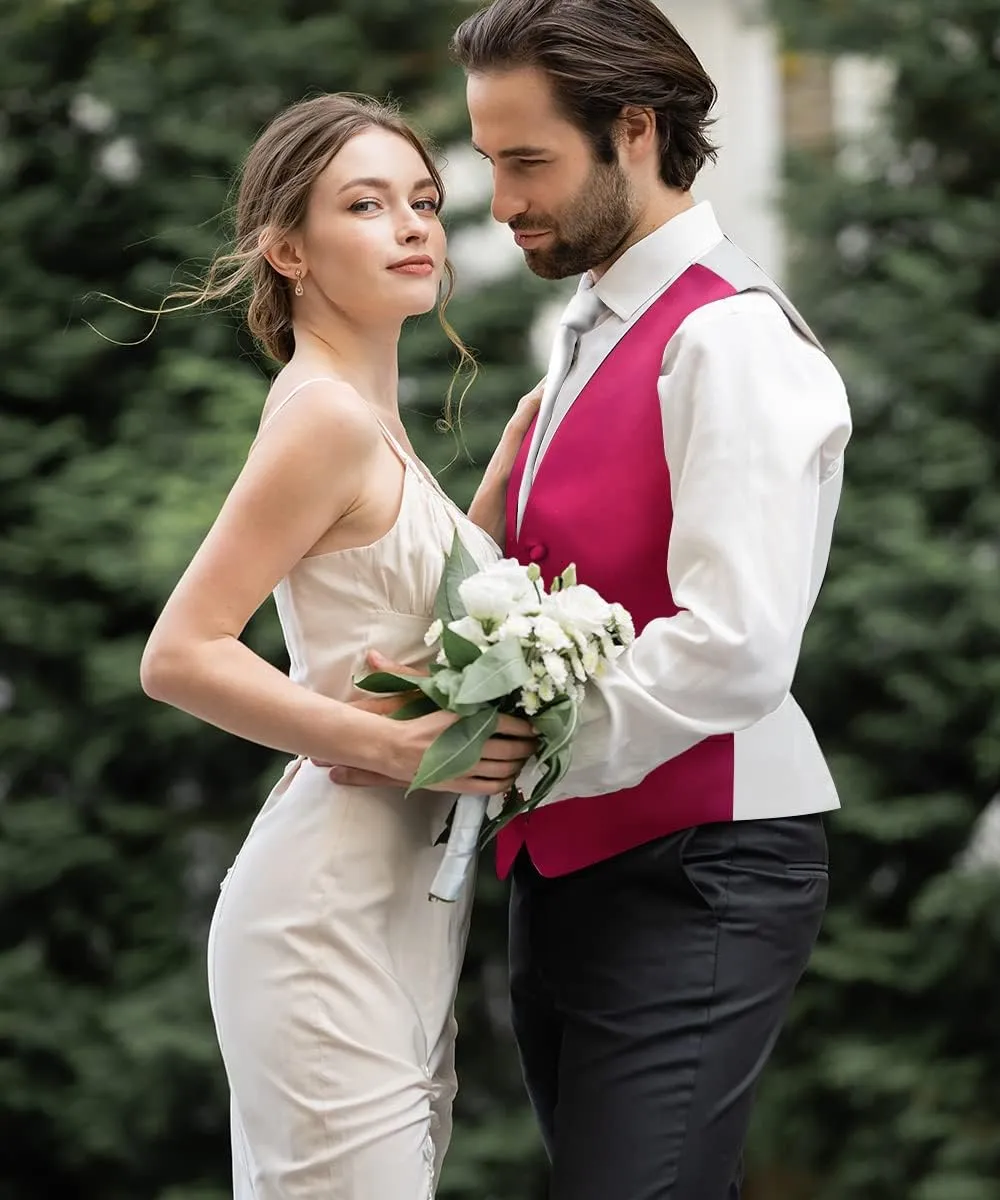Solid Suit Vest for Men Set of 4 - Vest, Tie, Bow Tie & Pocket Square (White Back)