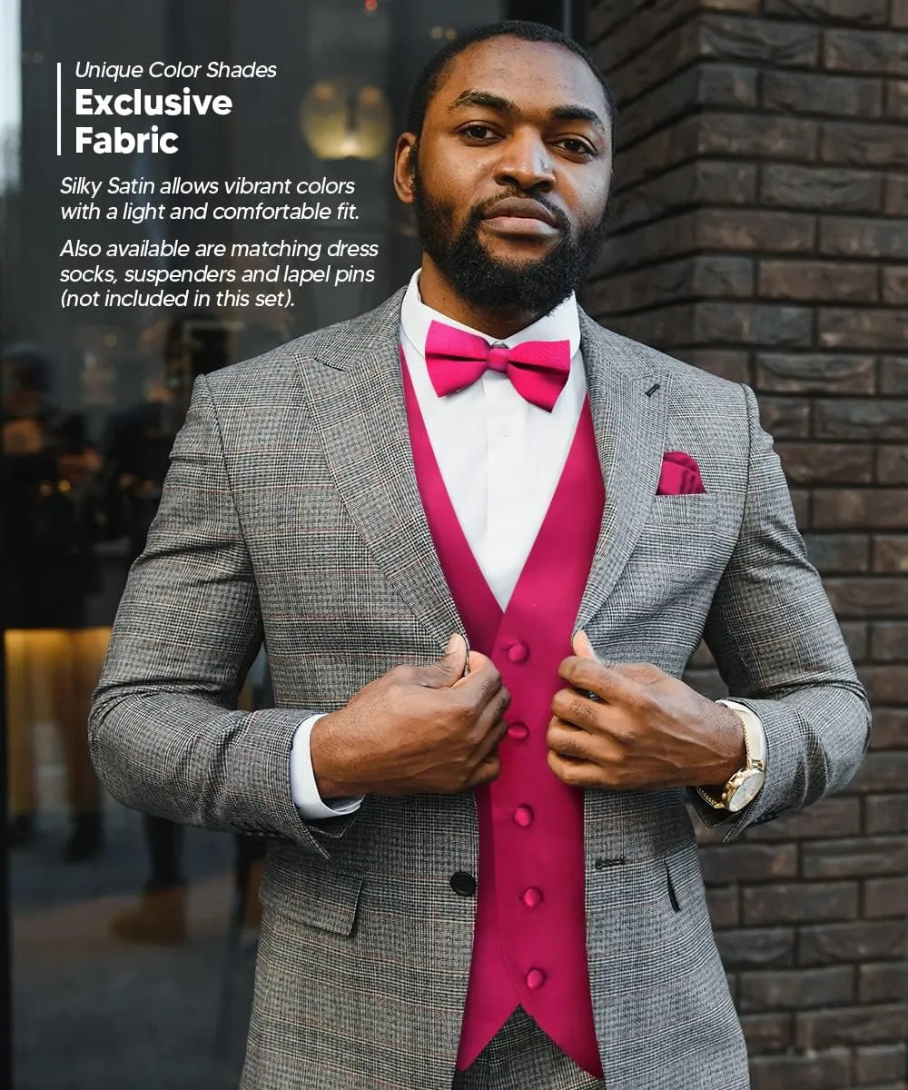 Solid Suit Vest for Men Set of 4 - Vest, Tie, Bow Tie & Pocket Square (White Back)