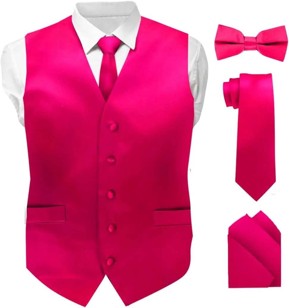 Solid Suit Vest for Men Set of 4 - Vest, Tie, Bow Tie & Pocket Square (White Back)