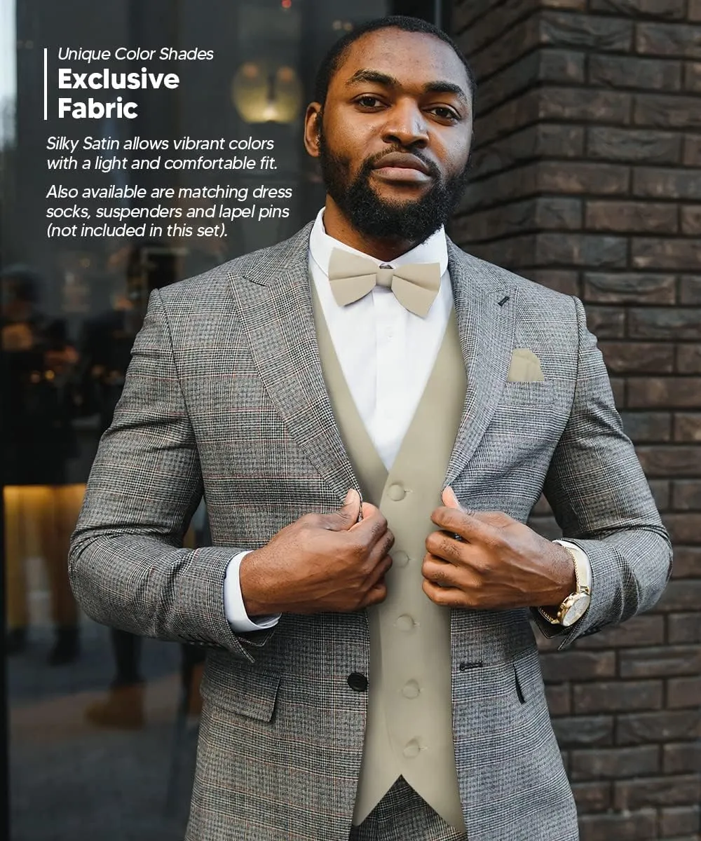 Solid Suit Vest for Men Set of 4 - Vest, Tie, Bow Tie & Pocket Square (White Back)