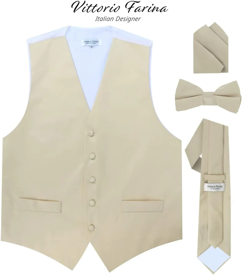Solid Suit Vest for Men Set of 4 - Vest, Tie, Bow Tie & Pocket Square (White Back)