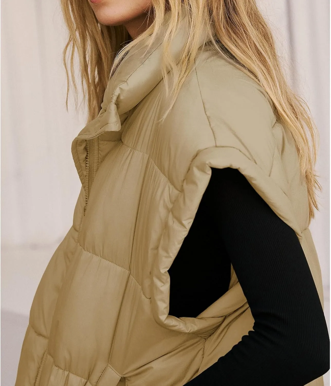 Songling Womens Oversized Puffer Vest Stand Collar Full Zip Sleeveless Bubble Puffer Vest Quilted Padded Warm Coat Outwear