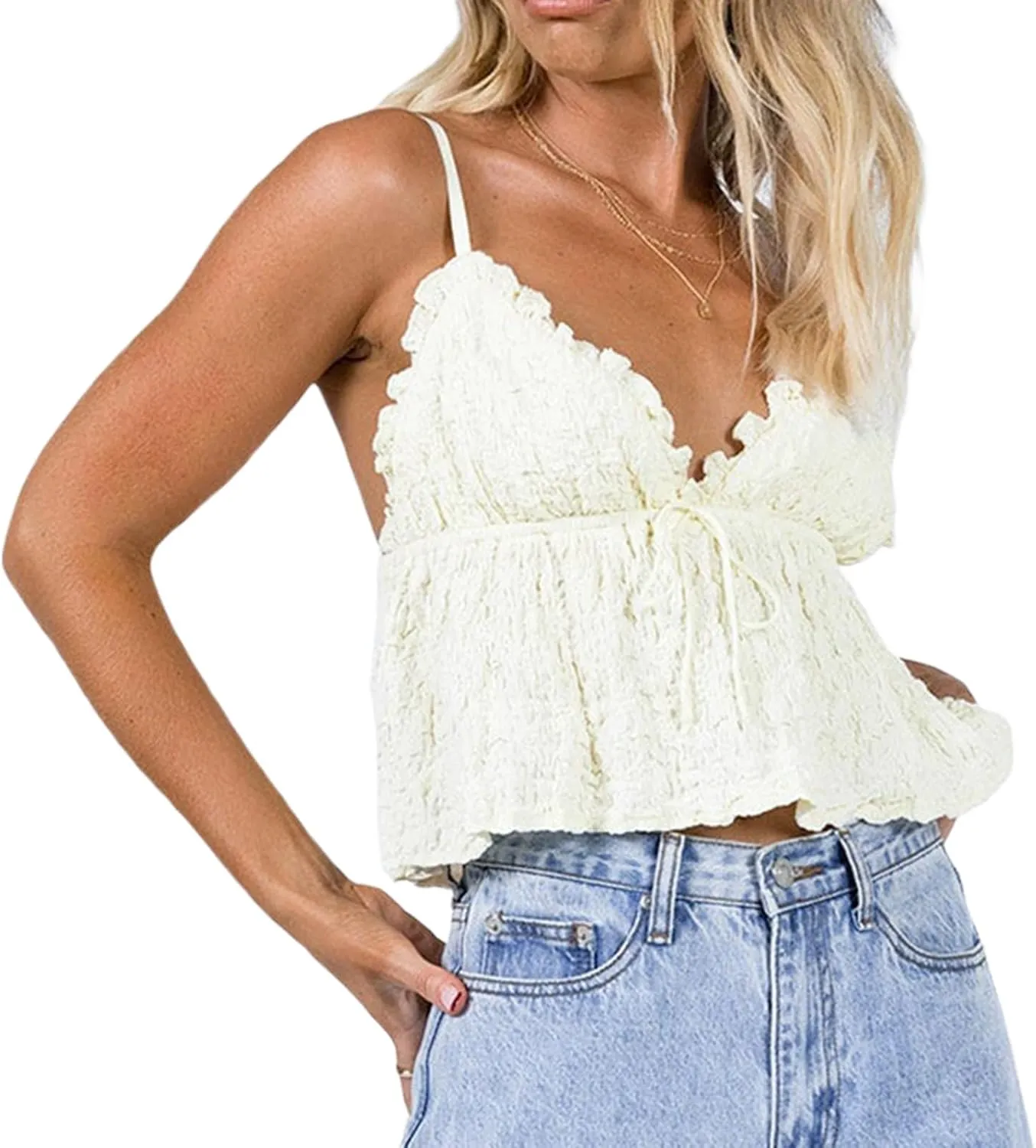 Spaghetti Strap Ruched Camisole for Women Y2K Tie Front Peplum Cami Top Deep V Neck Sleeveless Crop Tank Top Clubwear