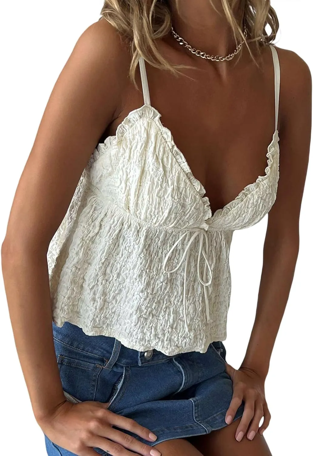 Spaghetti Strap Ruched Camisole for Women Y2K Tie Front Peplum Cami Top Deep V Neck Sleeveless Crop Tank Top Clubwear