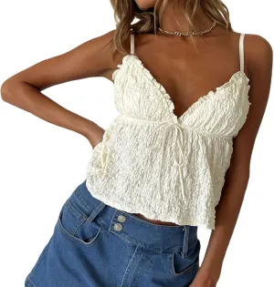 Spaghetti Strap Ruched Camisole for Women Y2K Tie Front Peplum Cami Top Deep V Neck Sleeveless Crop Tank Top Clubwear