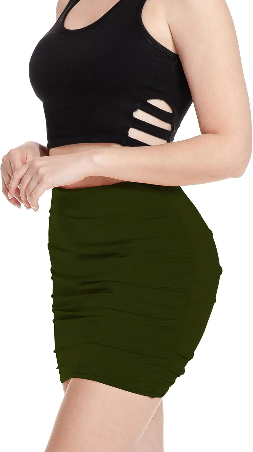 SSOULM Women's Stretch High Waist Ruched Shirring Bodycon Double Layer Mini Skirt