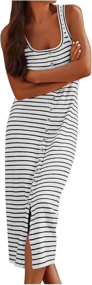 Striped Dress for Women, Summer Dresses 2025 Trendy Casual Button Down Dress, Sleeveless Midi Square Neck Tank Dress