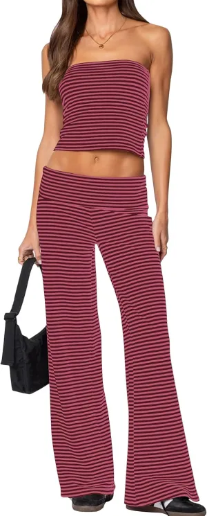 Striped Tube Top Set for Women 2 Piece Lounge Set Strapless Bandeau Crop Top Foldover Wide Leg Pants Summer Outfits