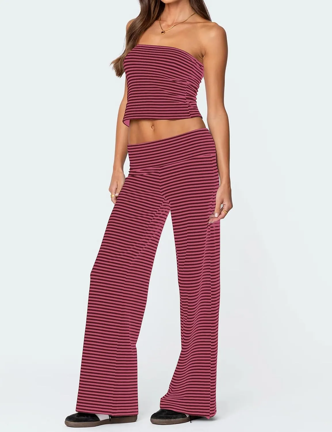 Striped Tube Top Set for Women 2 Piece Lounge Set Strapless Bandeau Crop Top Foldover Wide Leg Pants Summer Outfits