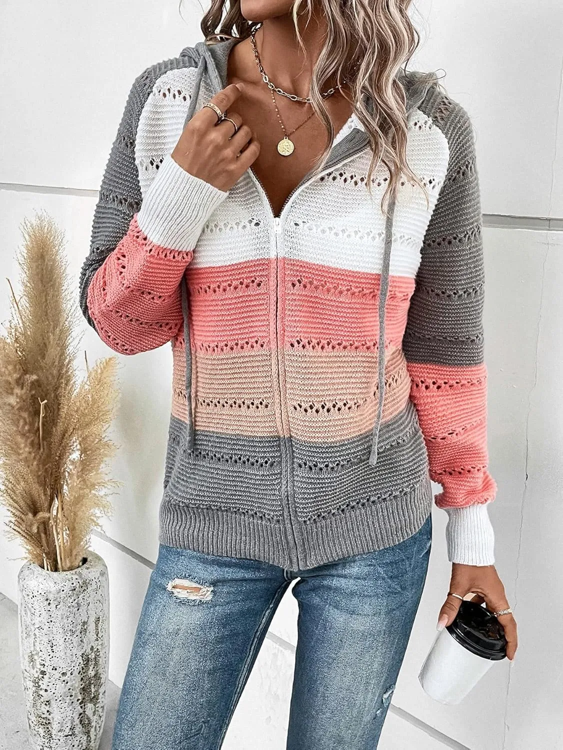 SweatyRocks Women's Color Block Drawstring Hooded Coat Hollow Out Knit Zip Up Cardigan Sweater