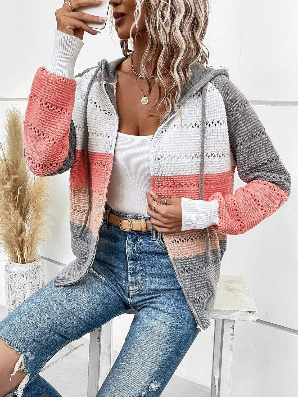 SweatyRocks Women's Color Block Drawstring Hooded Coat Hollow Out Knit Zip Up Cardigan Sweater